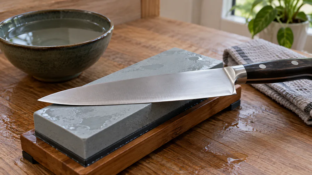 A knife blade refined on the fine side of a whetstone.