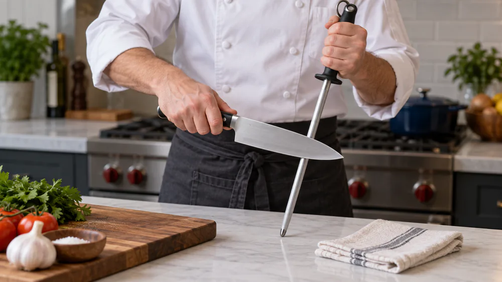 A chef's knife drawn downward along a honing steel at a shallow angle.