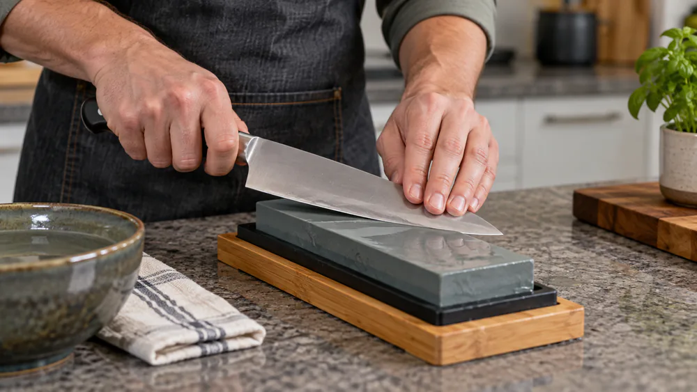A chef's knife held at a shallow angle against a wet whetstone, edge facing away.
