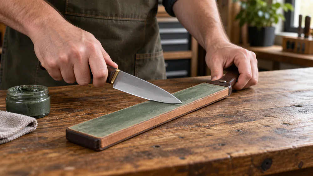 A knife drawn backward across a leather strop coated with compound.
