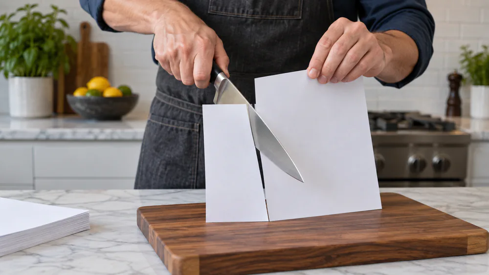 A freshly sharpened chef's knife slicing straight down through printer paper.