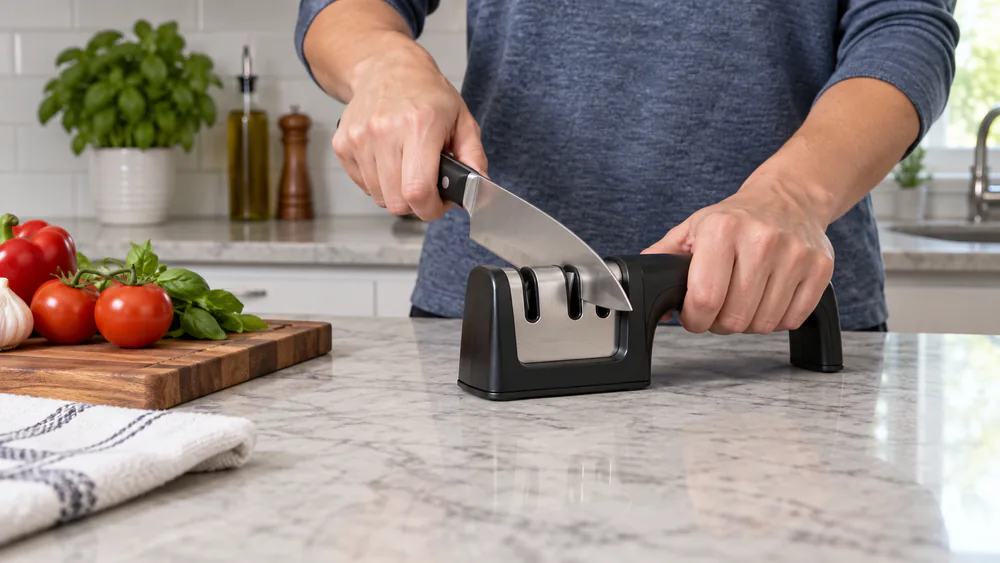 A knife pulled through the fixed-angle slot of a pull-through sharpener on a countertop.