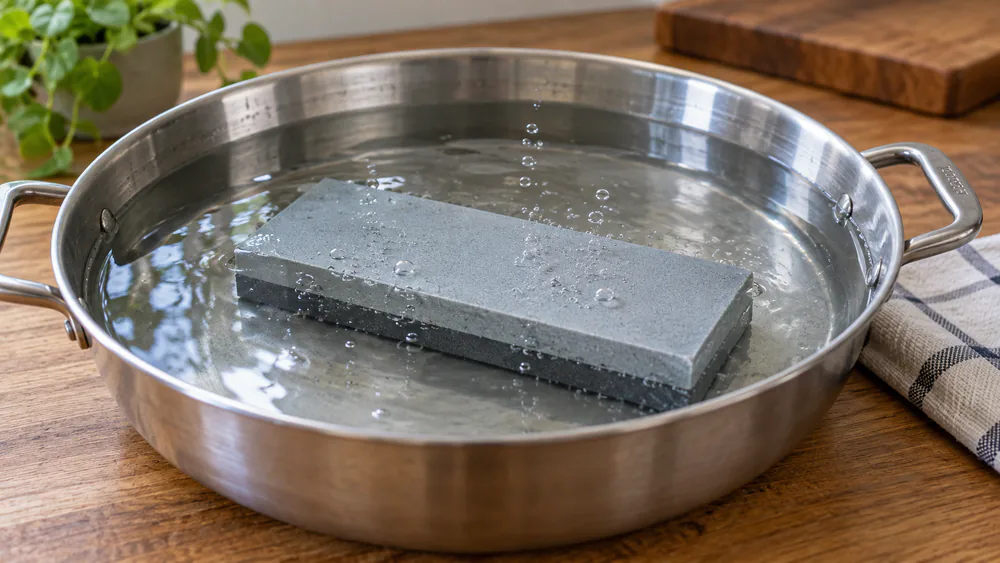 A whetstone soaking in a pan of water, air bubbles rising.