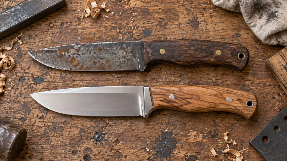 Two fixed-blade knives side by side on a bench, a carbon steel blade with light surface rust spots beside a clean stainless steel blade.