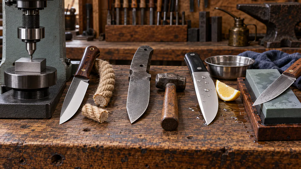 A five-bar chart comparing hardness, edge retention, toughness, corrosion resistance, and ease of sharpening on a 1 to 10 scale for the main knife steel families.