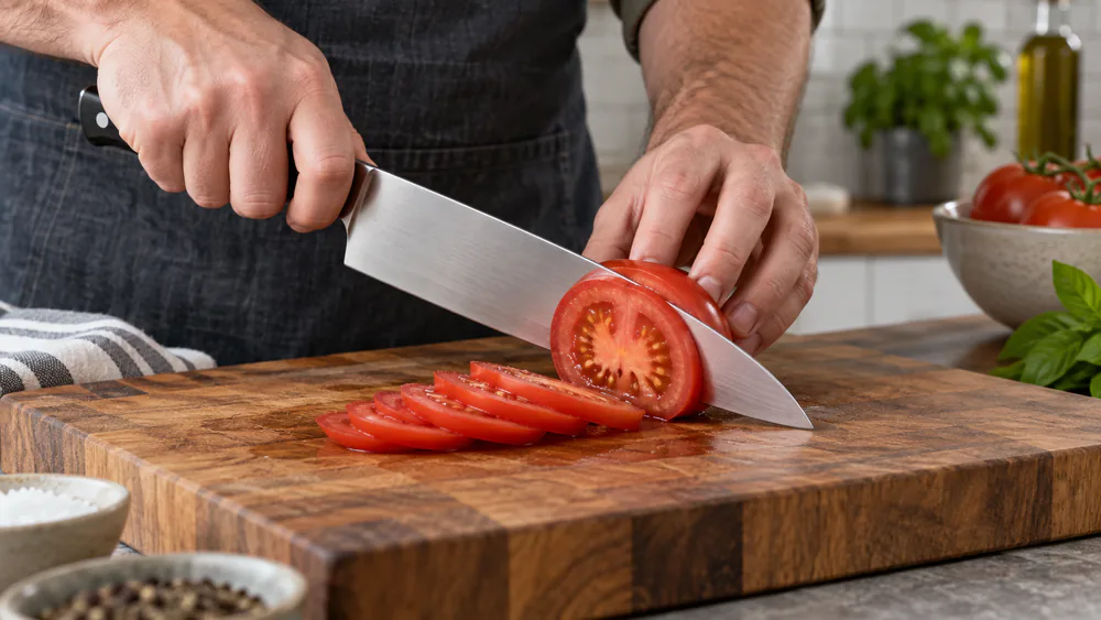 A chef's knife with a CPM MagnaCut blade slicing a ripe tomato on a wooden cutting board, thin slices falling cleanly to the side.
