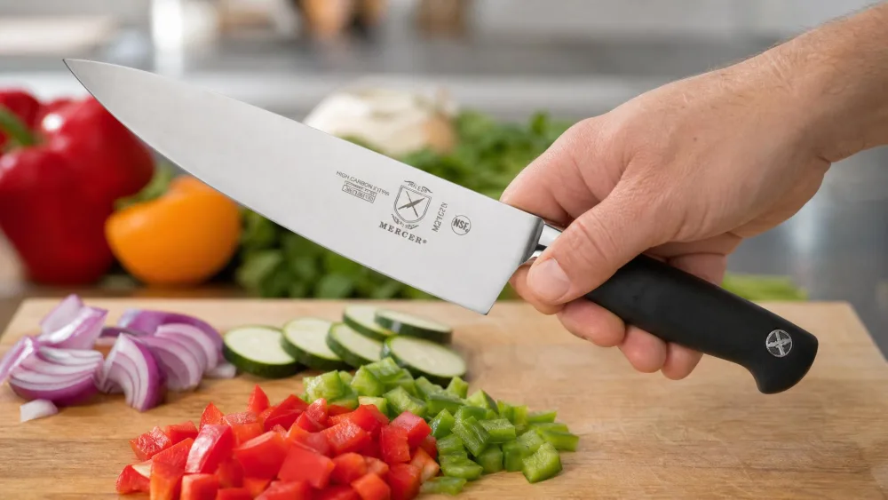 A hand gripping a Mercer Culinary Genesis chef's knife by its black Santoprene handle over a cutting board of chopped vegetables, the short bolster visible.