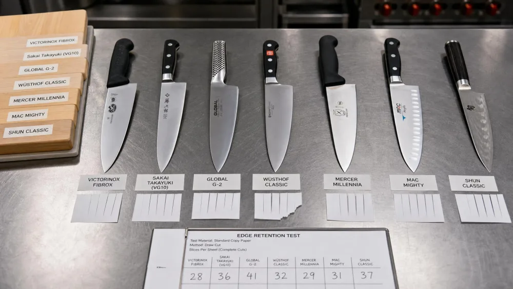 A row of seven chef's knives laid out on a test kitchen counter beside labeled cutting boards and paper test strips, mid-edge-retention check.