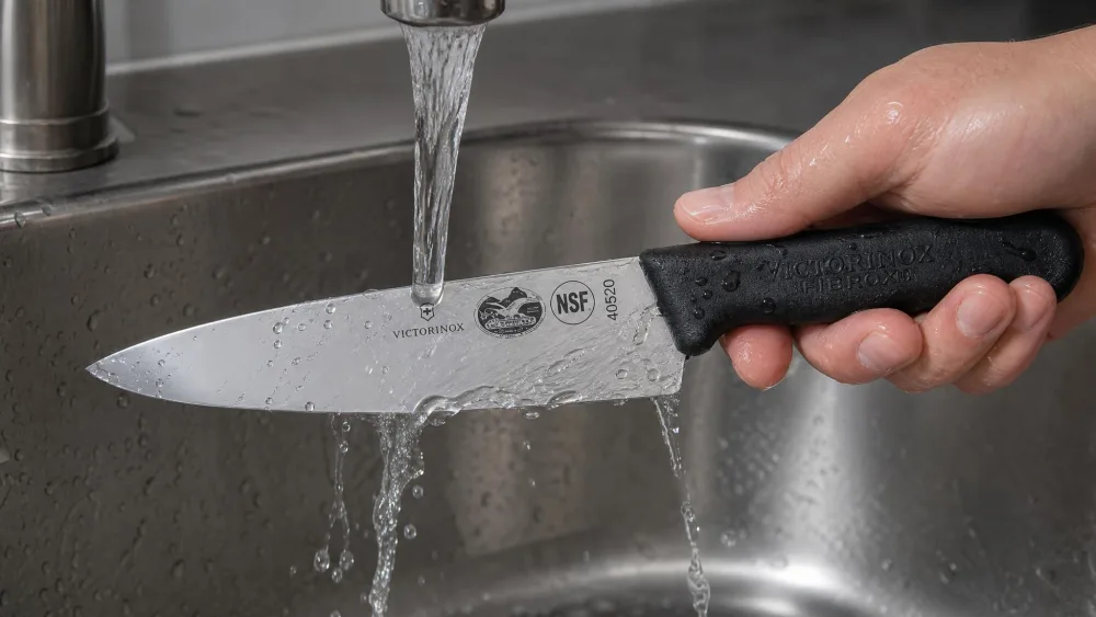 A Victorinox Fibrox Pro chef's knife held under running water, the textured TPE handle visibly wet.