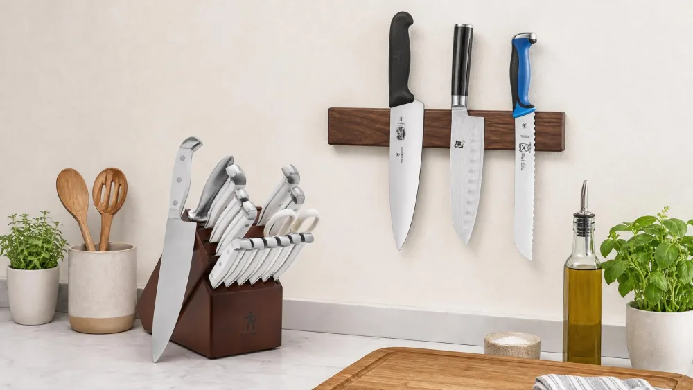 A wooden knife block on a kitchen counter beside a wall-mounted magnetic strip holding a chef's knife, santoku and bread knife, blades stored edge-out and clean.
