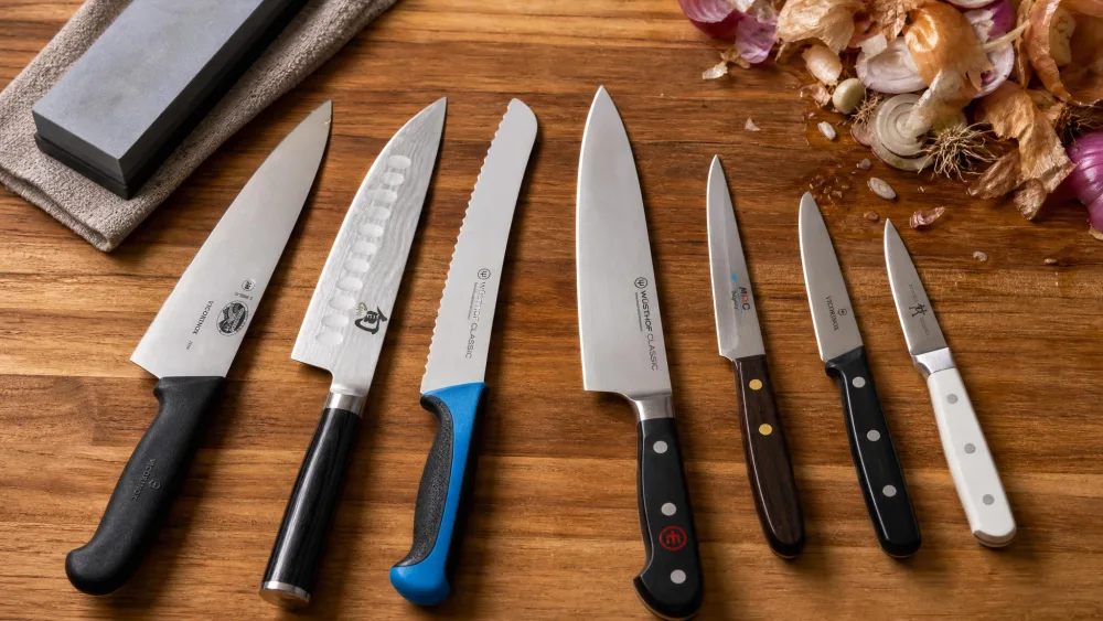 Eight kitchen knives laid out on a wooden work surface next to a whetstone and a pile of onion trimmings after a prep session, blades angled to the light for an edge check.