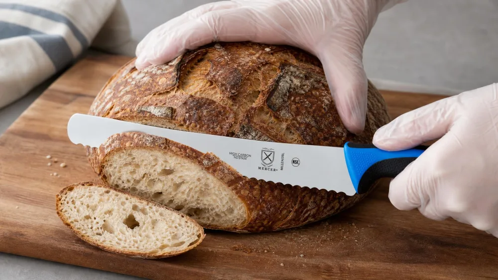 A Mercer Millennia serrated bread knife drawn across a dark crusty sourdough boule, the slice falling away with the crumb intact.