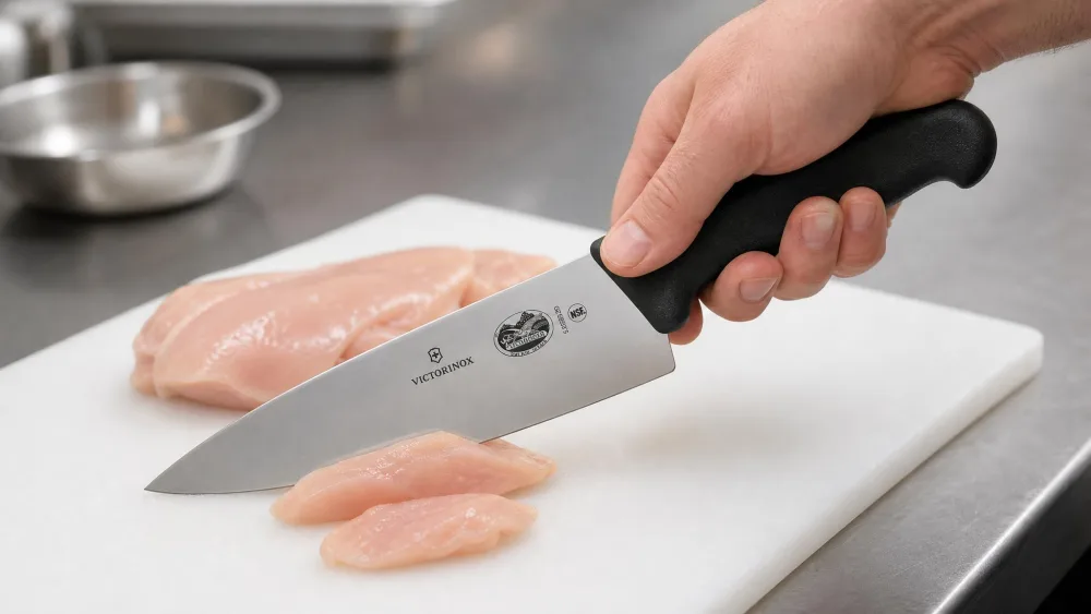 A hand gripping the textured black Fibrox handle of a Victorinox chef's knife while breaking down a raw chicken on a plastic cutting board.