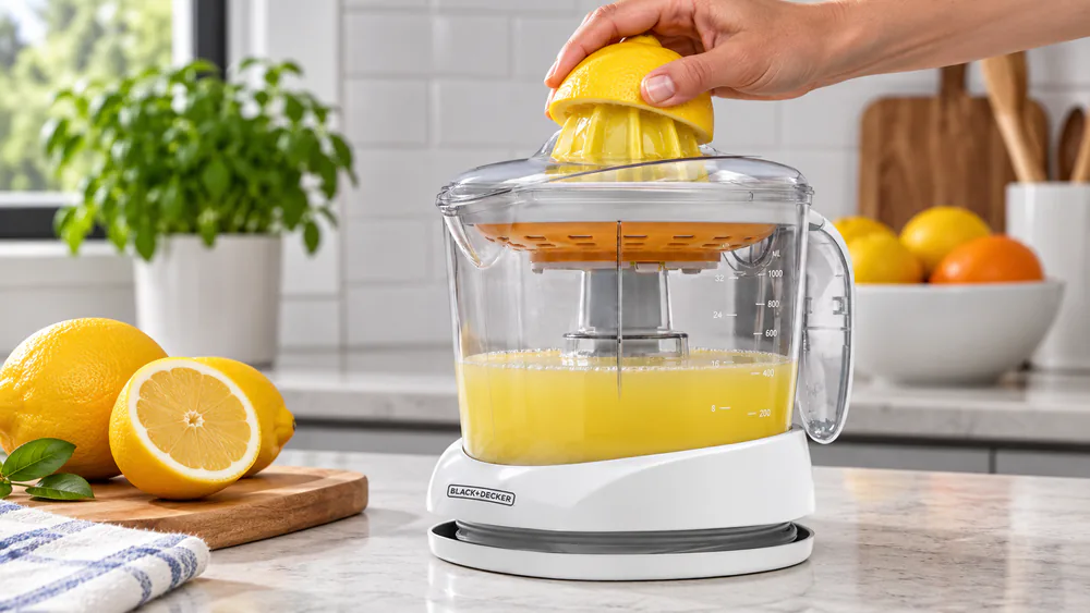 A lemon half resting on the spinning cone of the BLACK+DECKER CJ625 electric juicer, juice collecting in the clear 32-ounce pitcher below.
