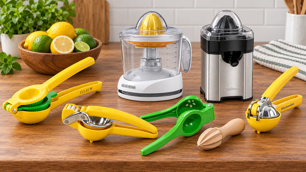 Seven lemon juicers of different types arranged on a wooden kitchen counter beside a bowl of fresh lemons and limes, ready for testing.