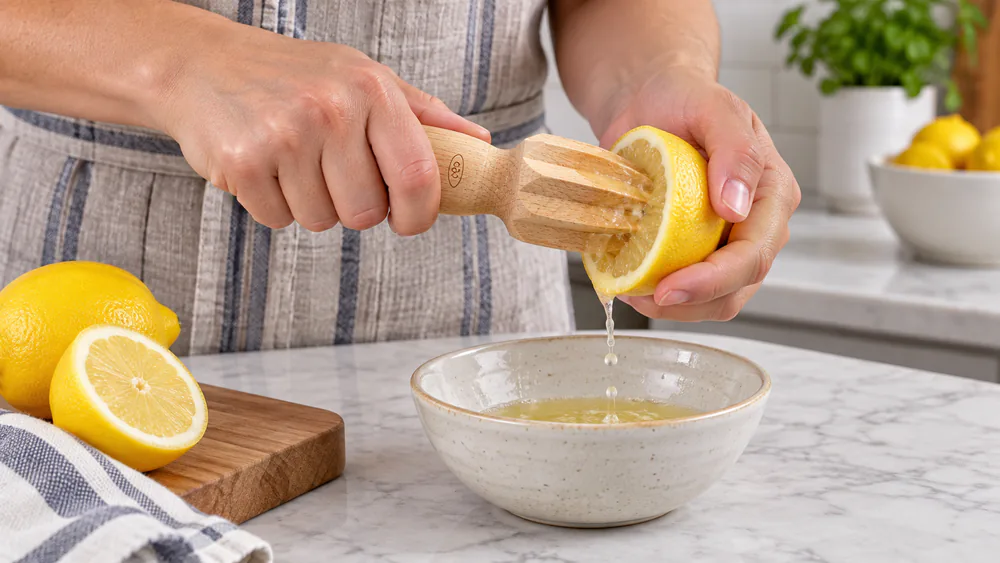 The OXO beechwood citrus reamer twisted into a lemon half held over a small bowl, juice and pulp collecting below.