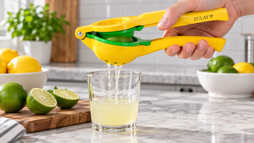 A hand pressing the Zulay metal 2-in-1 squeezer over a glass, juice streaming from a lime half while seeds stay caught in the bowl.