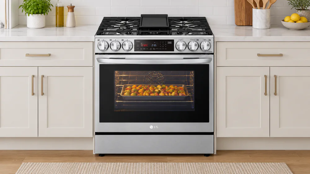 An LG LSGL6335F slide-in gas range with the InstaView window lit and a tray of food visible inside the oven