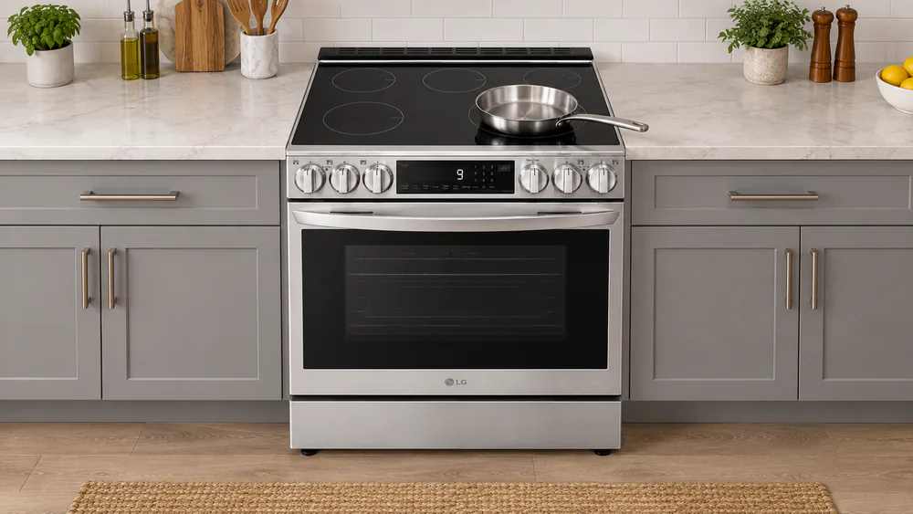 An LG LSIL6336F induction cooktop with a magnetic stainless skillet on the large element and the cookware indicator lit