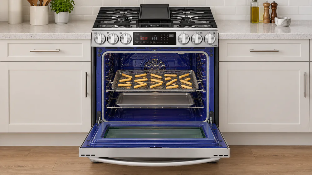 Frozen french fries in a single layer on an LG wire air fry tray inside an open LG range oven, golden and crisp