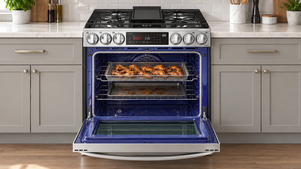 The floor of an LG range oven with a drip pan in place beneath an air fry basket after a batch of wings