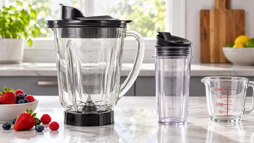 A 40-oz glass blender jar next to a 16-oz single-serve plastic cup on a counter, showing the capacity difference between countertop and personal blenders.