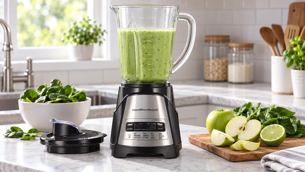 Hamilton Beach Power Elite blender with a clear 40-oz glass jar of green smoothie, lid off, on a kitchen counter.
