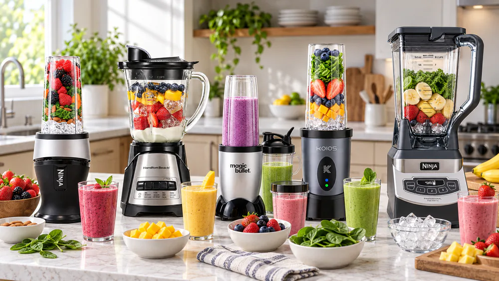 Test kitchen counter with three blenders lined up, frozen strawberries, spinach, and measuring cups ready for a smoothie test.