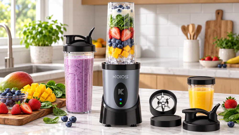 KOIOS personal blender with a 23-oz to-go cup locked onto the motor base, frozen fruit pieces and a measuring cup of liquid beside it.