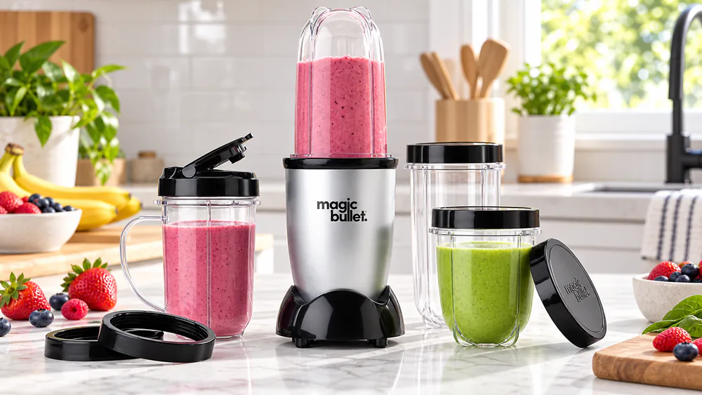 Magic Bullet 11-piece set on a counter: compact motor base, a blend cup twisted on, two to-go cups and lids arranged in front.