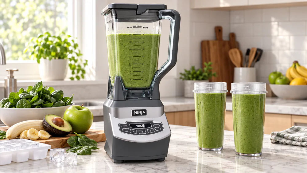 Ninja Professional BL660 countertop blender with a full 72-oz pitcher of green smoothie and a tray of ice cubes in the foreground.
