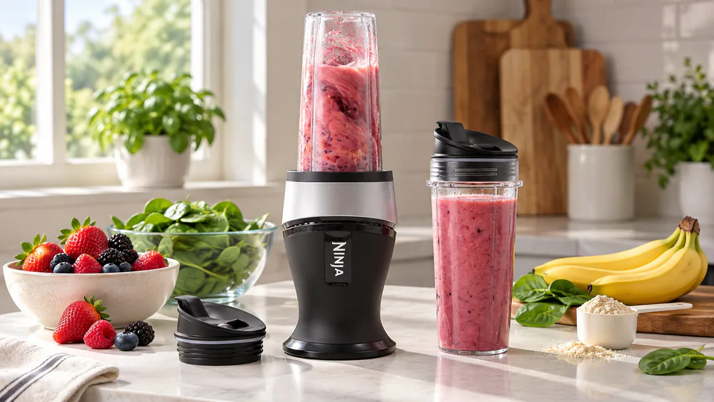 Ninja Fit Compact Personal Blender with a 16-oz to-go cup of pink strawberry smoothie on a kitchen counter, spinach and protein powder in the foreground.