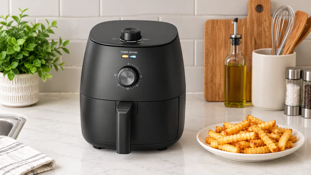A black Mainstays 2.2 Qt air fryer sitting on a small kitchenette counter next to a cutting board and a plate of fries