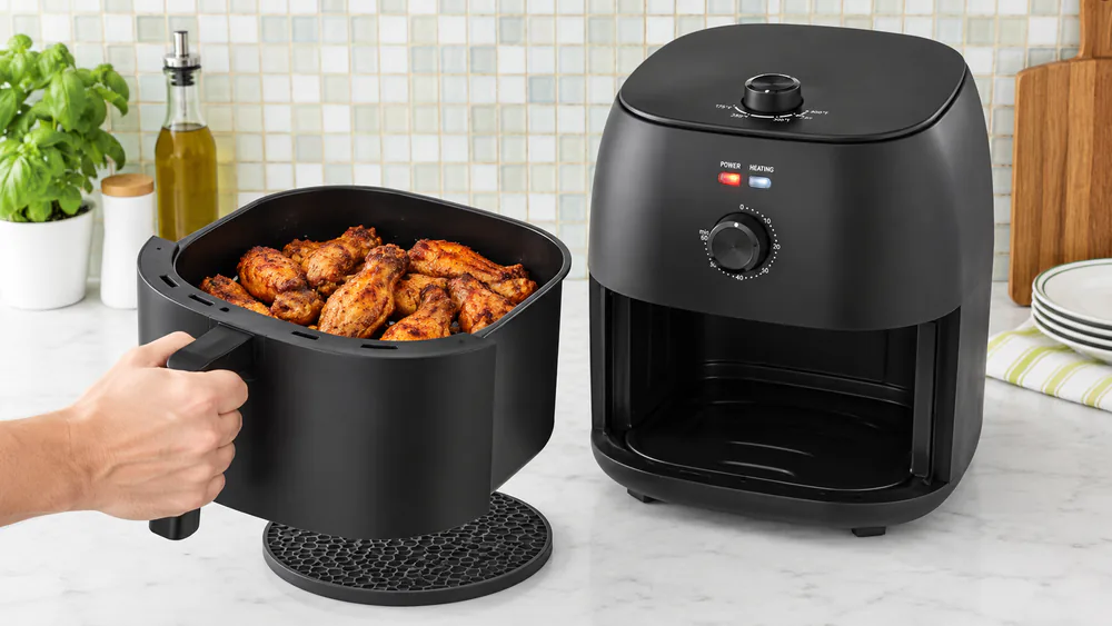 A hand lifting the black basket out of the Mainstays 8 Qt air fryer with a batch of chicken wings inside