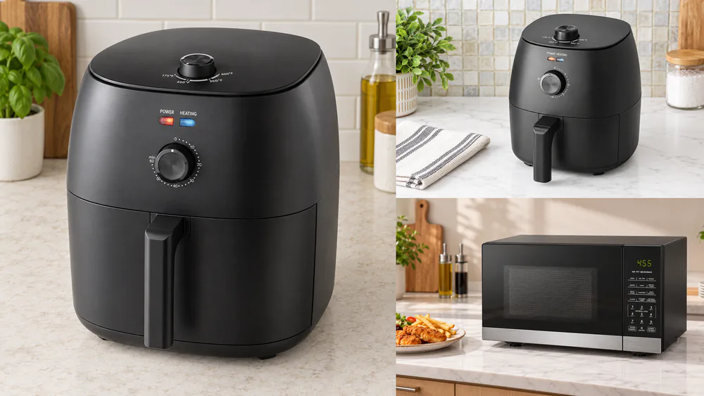 Three separate photo panels showing the Mainstays 8 Qt air fryer at left, 2.2 Qt air fryer at upper right, and 3-in-1 microwave combo at lower right