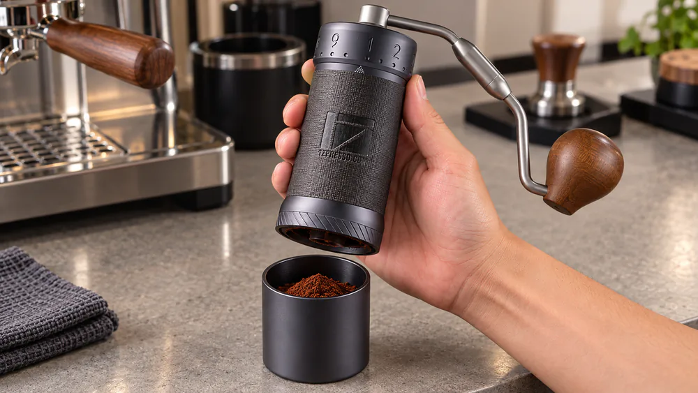 A 1Zpresso J-Ultra in a hand over a dosing cup, espresso-fine grounds in the catch cup.