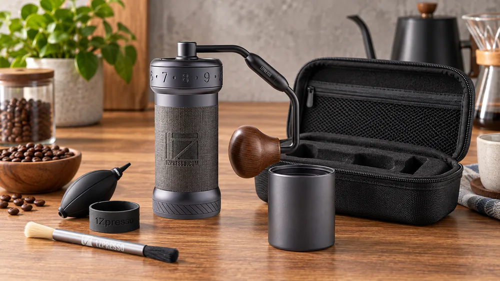 A 1Zpresso K-Ultra with its magnetic catch cup beside its premium travel case.
