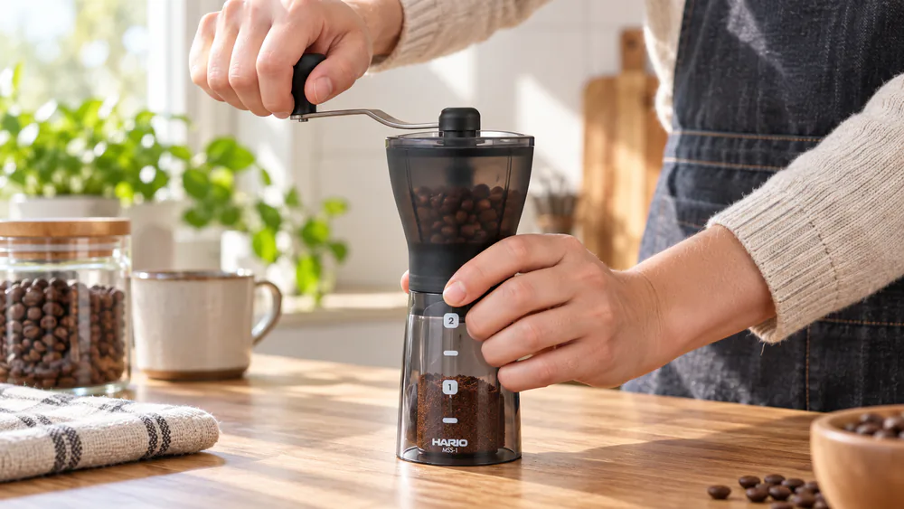 A Hario Mini-Slim Plus with its clear body showing beans being ground.