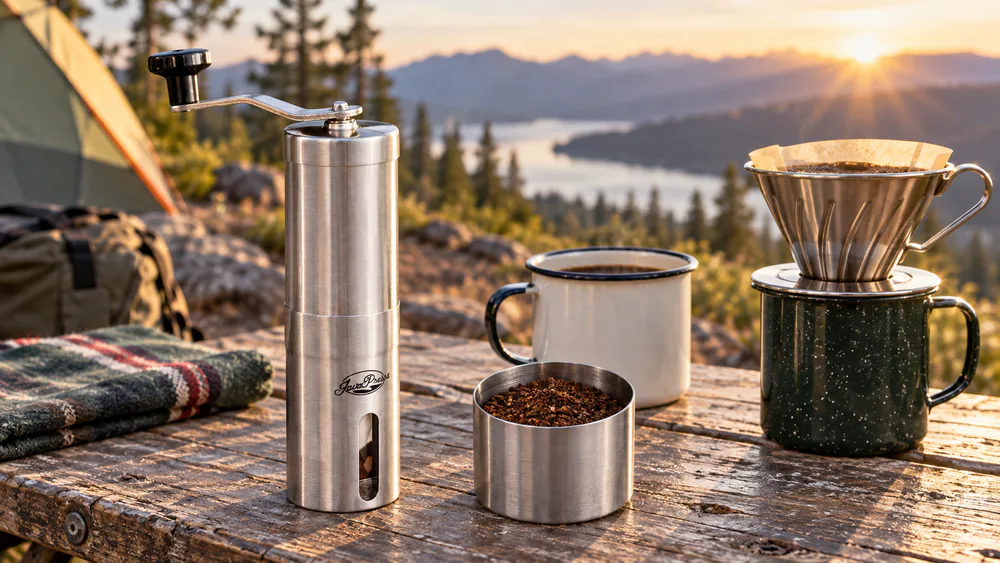 A JavaPresse manual grinder on a camping table beside a jar of coarse grounds.