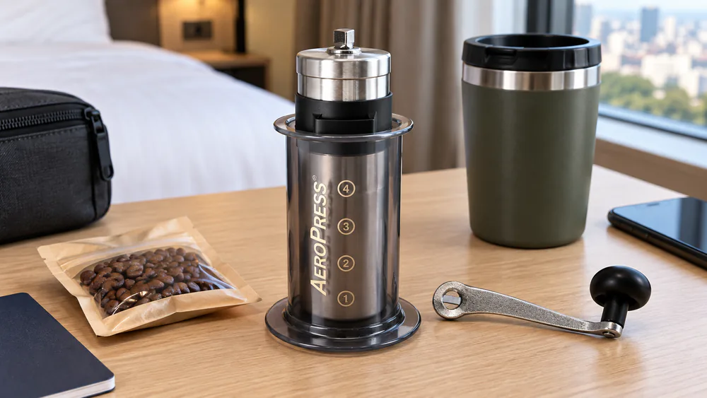 A Porlex Mini II nested inside an Aeropress plunger on a hotel desk.