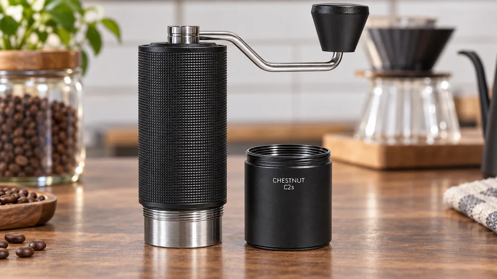A TIMEMORE Chestnut C2S with its catch cup unscrewed to show the metal unibody.