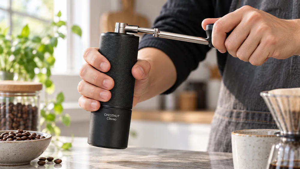 A Timemore Chestnut C3S Pro held by its knurled grip, folding handle extended.
