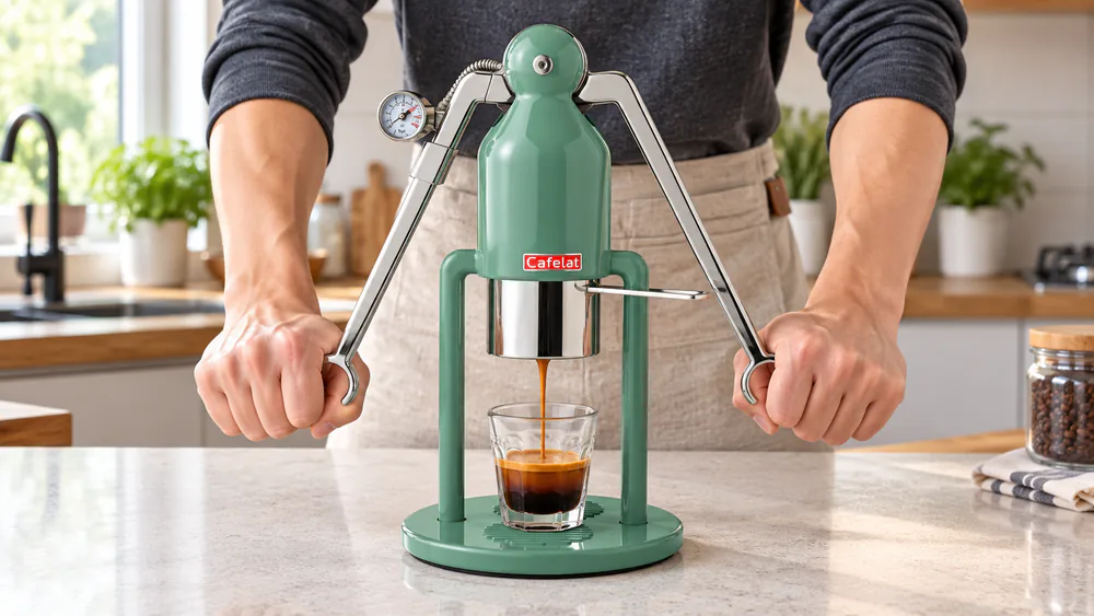 Cafelat Robot lever pressed down over a 58mm basket with espresso flowing into a cup