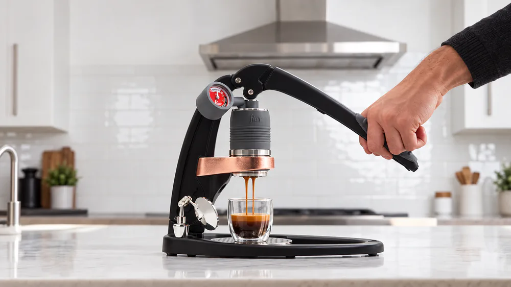 Flair Pro 3 lever pushed down with the pressure gauge needle sitting in the 6-9 bar zone as espresso drips into a glass cup