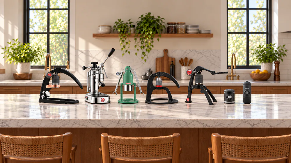 Seven manual espresso machines, lever and hand-pump, lined up side by side on a kitchen counter