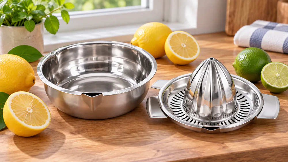 An Etinslant stainless citrus juicer with its 10-oz bowl separated from the sieve, lemons and a lime beside it.