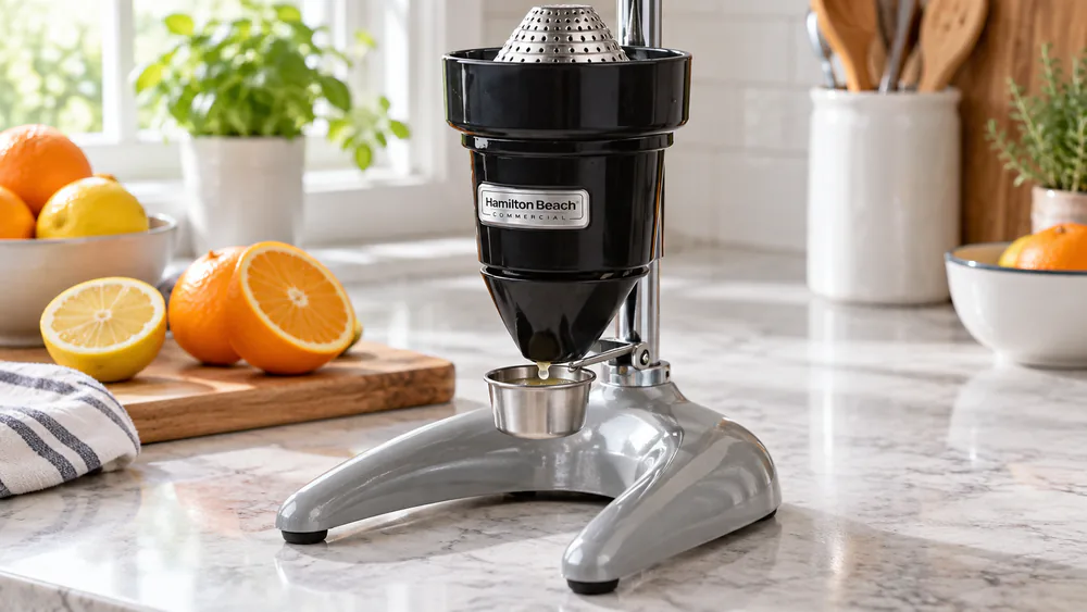 A Hamilton Beach Commercial 932 citrus press on a counter, the swing-out drip cup catching juice below the strainer cone.
