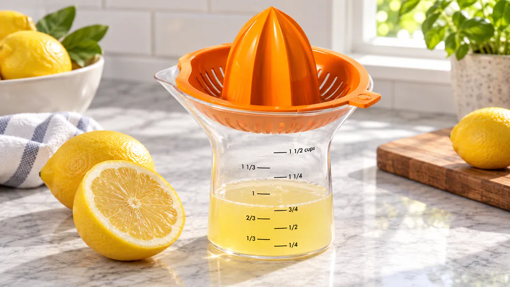 An OXO Good Grips 2-in-1 citrus juicer beside a halved lemon, the clear measuring cup showing the juice line.
