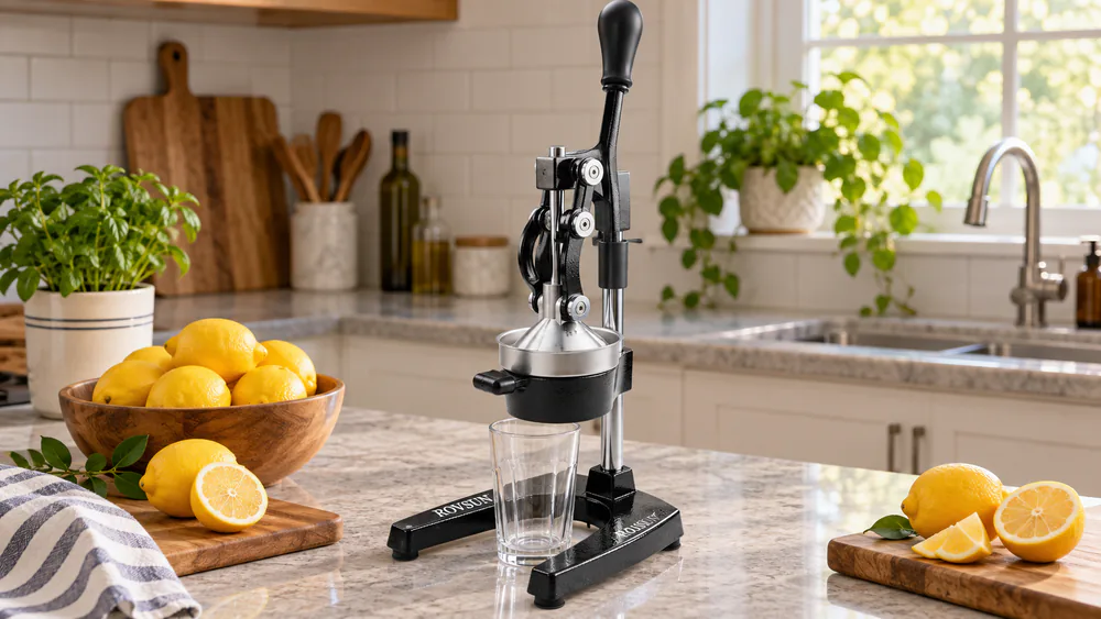 A ROVSUN hand press juicer on a kitchen counter with a bowl of lemons nearby, its safety hat locking the handle upright.