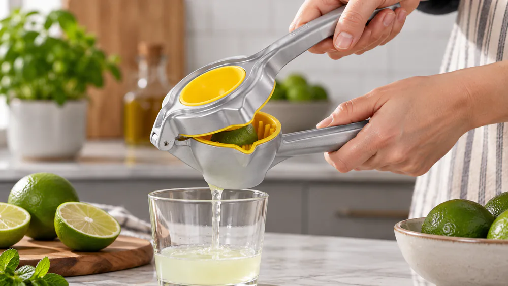 A Westmark Limona lever squeezer held over a glass, a halved lime pressed in the cup with the ribbed cone visible.